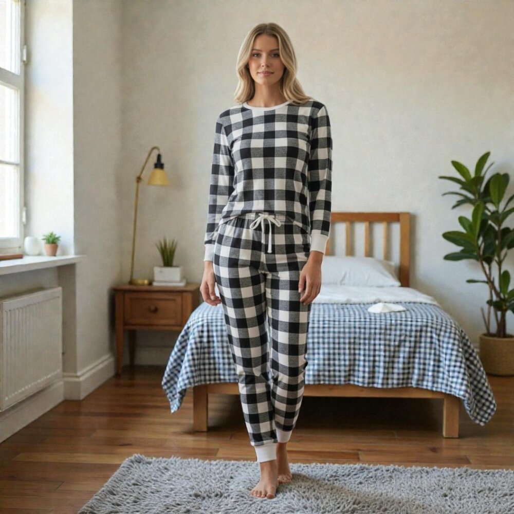 Stars Above Lounge Pajama Set Black and White Buffalo Checker Size Large NWT